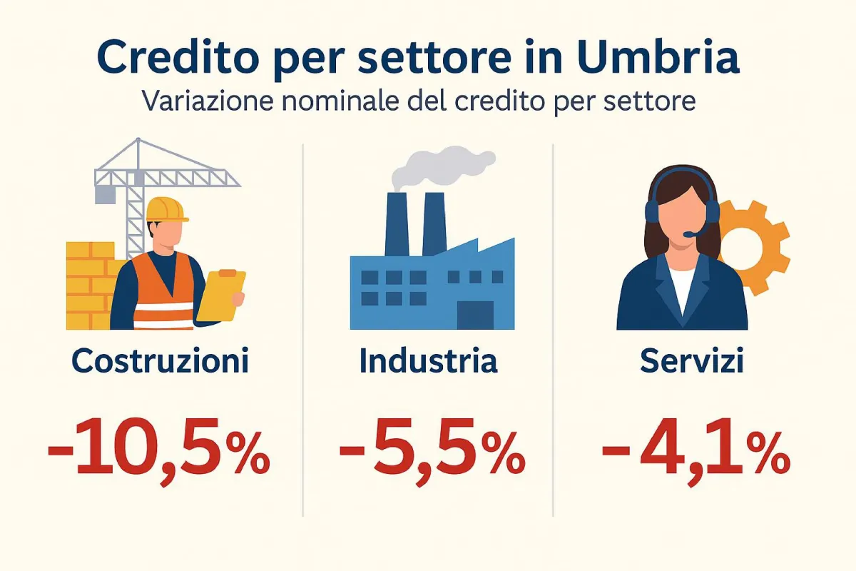 Umbria, il credito frena e penalizza le imprese: -7,8% per le piccole aziende, crollo dell’edilizia e costruzioni