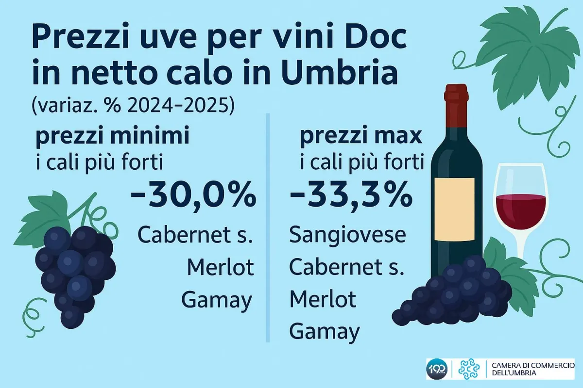 Vendemmia 2025 amara per l’Umbria: crollano i prezzi del vino fino al 50%, si salva solo il Trebbiano spoletino