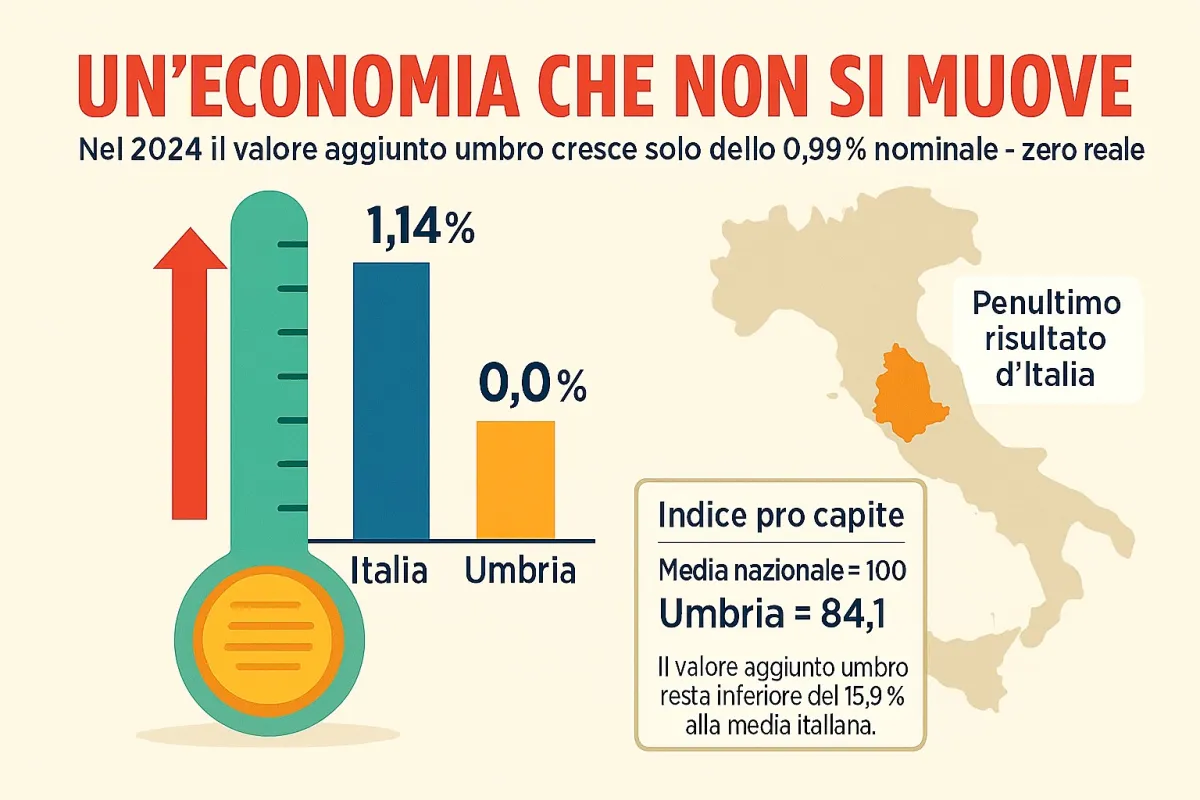 Umbria, l’economia si ferma: valore aggiunto al palo e industria in caduta libera