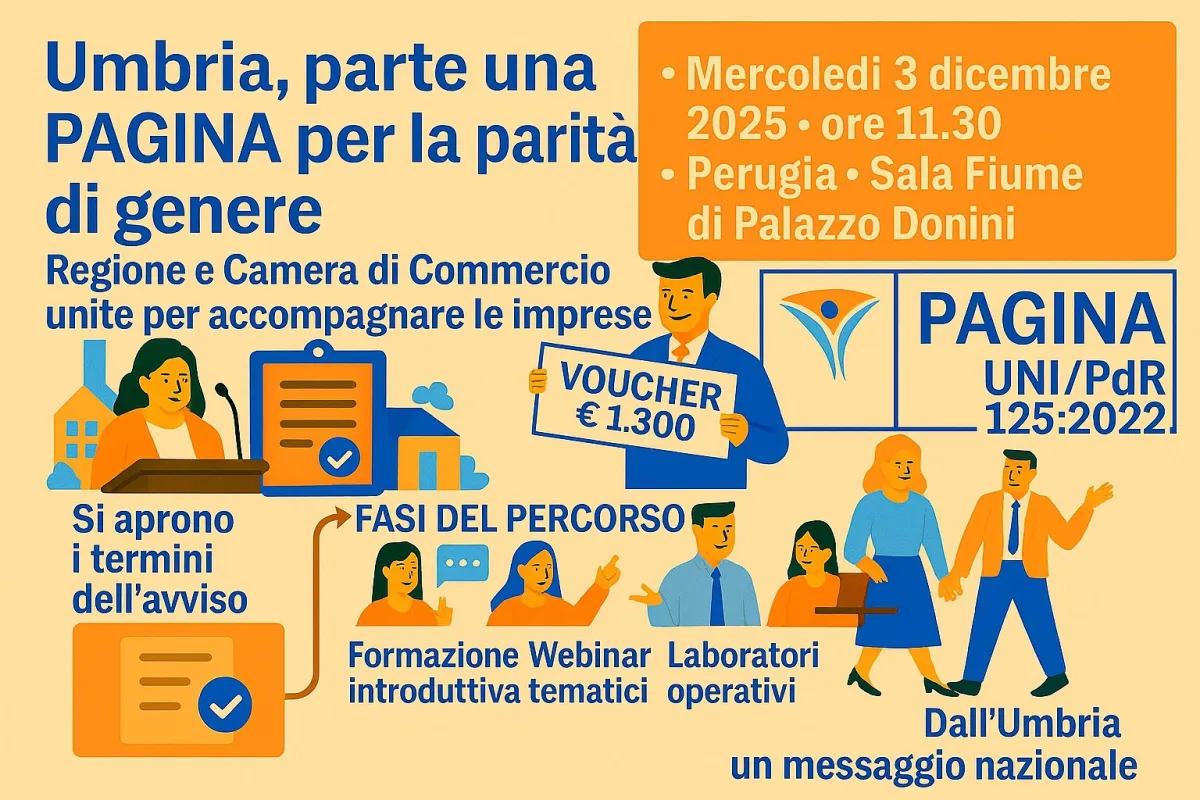 Parità di genere, la Regione Umbria lancia "Pagina": formazione e voucher per accompagnare le piccole imprese alla certificazione
