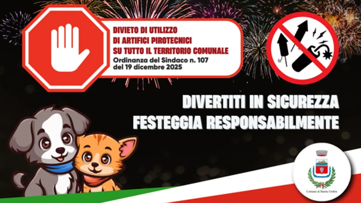 Capodanno senza botti a Bastia Umbra: divieto totale su tutto il territorio comunale, confisca dei materiali e sanzioni per i trasgressori