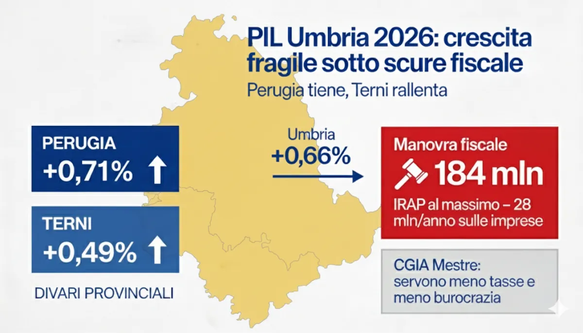 Umbria, crescita fragile e tasse al massimo: Pil 2026 a +0,66%, ma la manovra regionale da 184 milioni rischia di frenare la ripresa