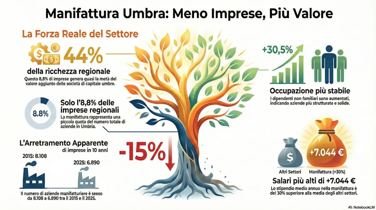 Il paradosso della manifattura umbra, dimezzate le imprese in dieci anni ma produce il 44% della ricchezza regionale