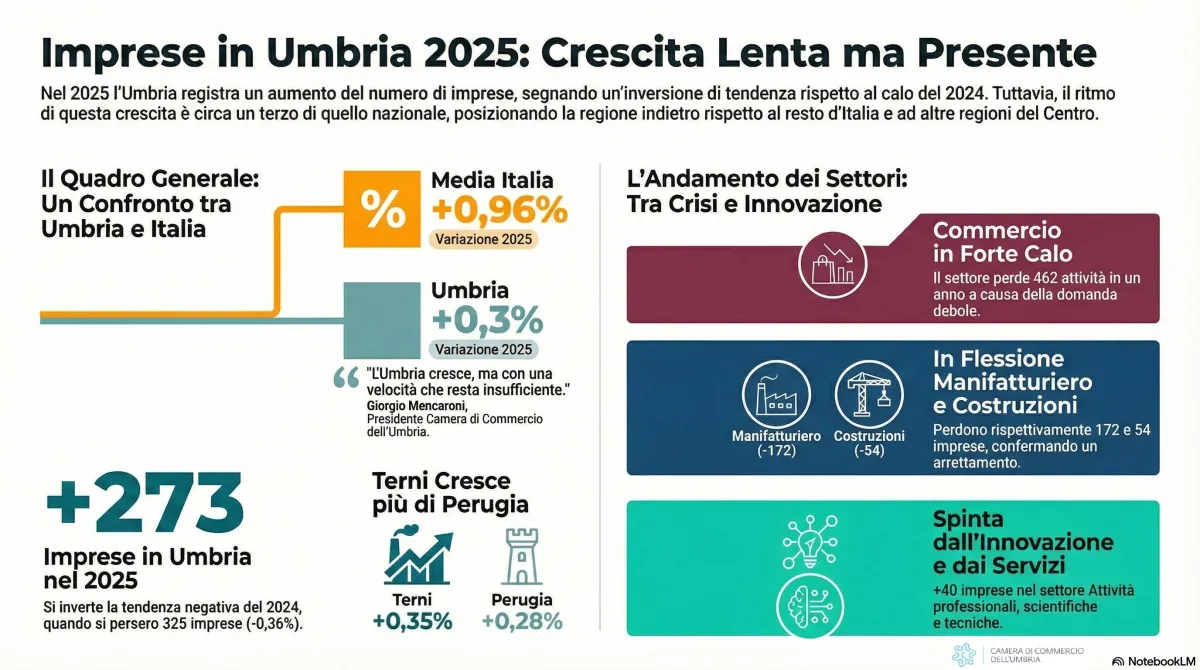 Imprese in Umbria, nel 2025 cresce il numero ma il motore arranca: Terni supera Perugia, crolla il commercio