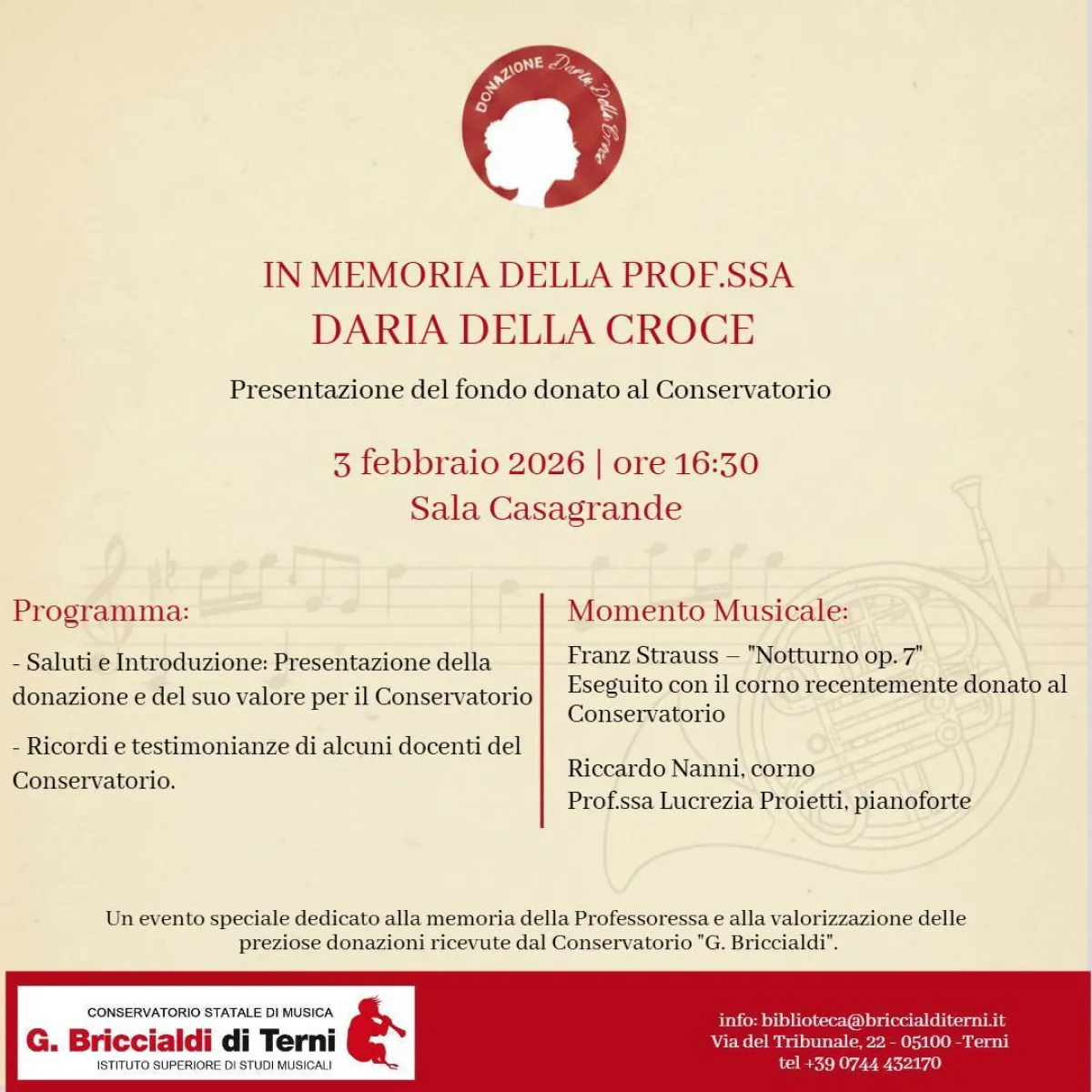 Terni, doppio appuntamento al Briccialdi: il Fondo Daria Della Croce e l’apertura ufficiale dell’Anno Accademico