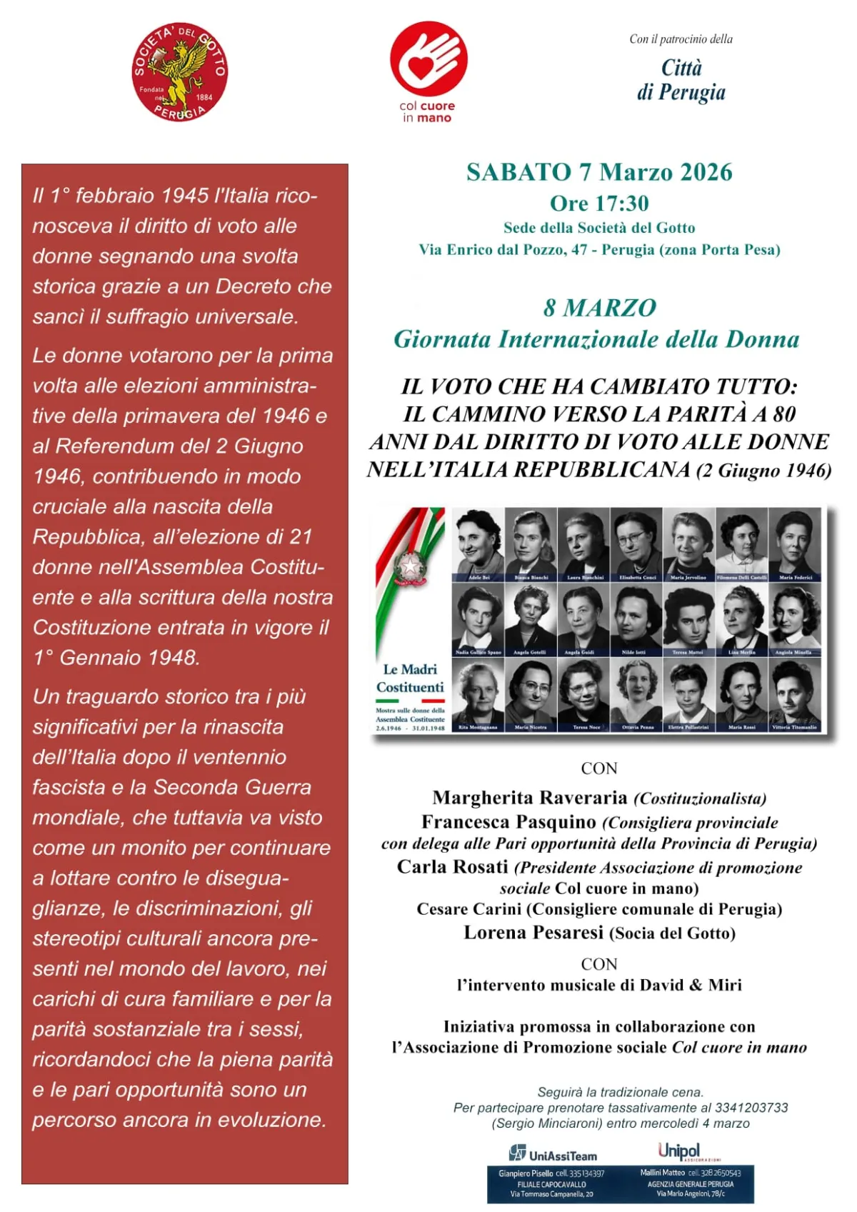 Il voto che cambiò l’Italia: a Perugia la Società del Gotto celebra l’8 marzo ricordando la conquista del suffragio femminile