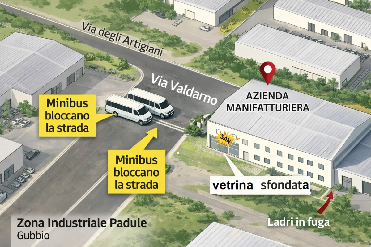 Gubbio, furto nella notte alla zona industriale di Padule: ladri sfondano la vetrina e bloccano la strada con due minibus