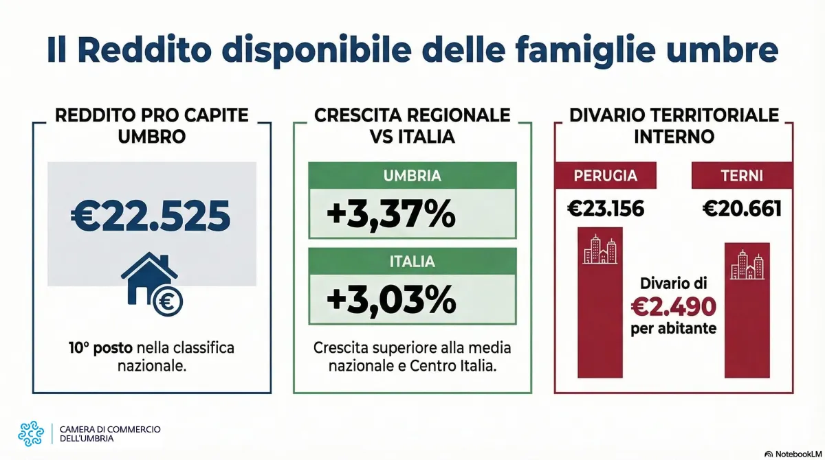 Reddito disponibile in Umbria, la doppia velocità di Perugia e Terni: la regione cerniera cresce più del Centro e del Paese