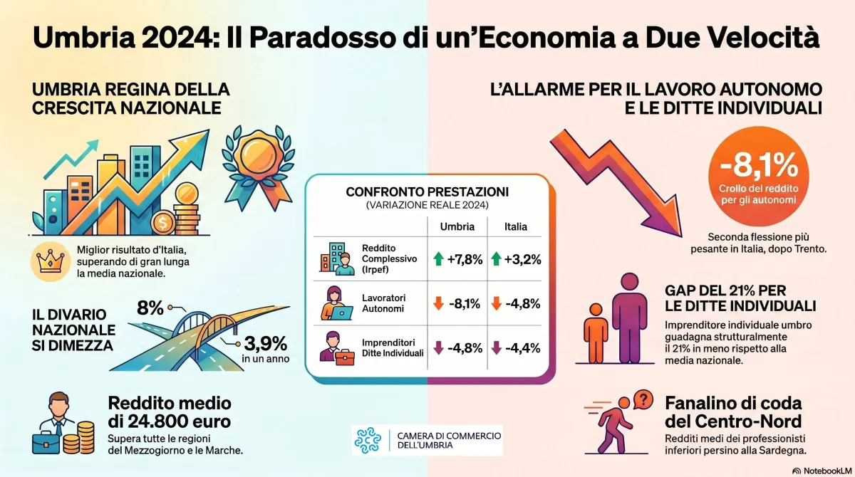 Umbria, redditi in corsa nel 2024 ma il lavoro autonomo frena. Mencaroni: “Servono strumenti mirati”