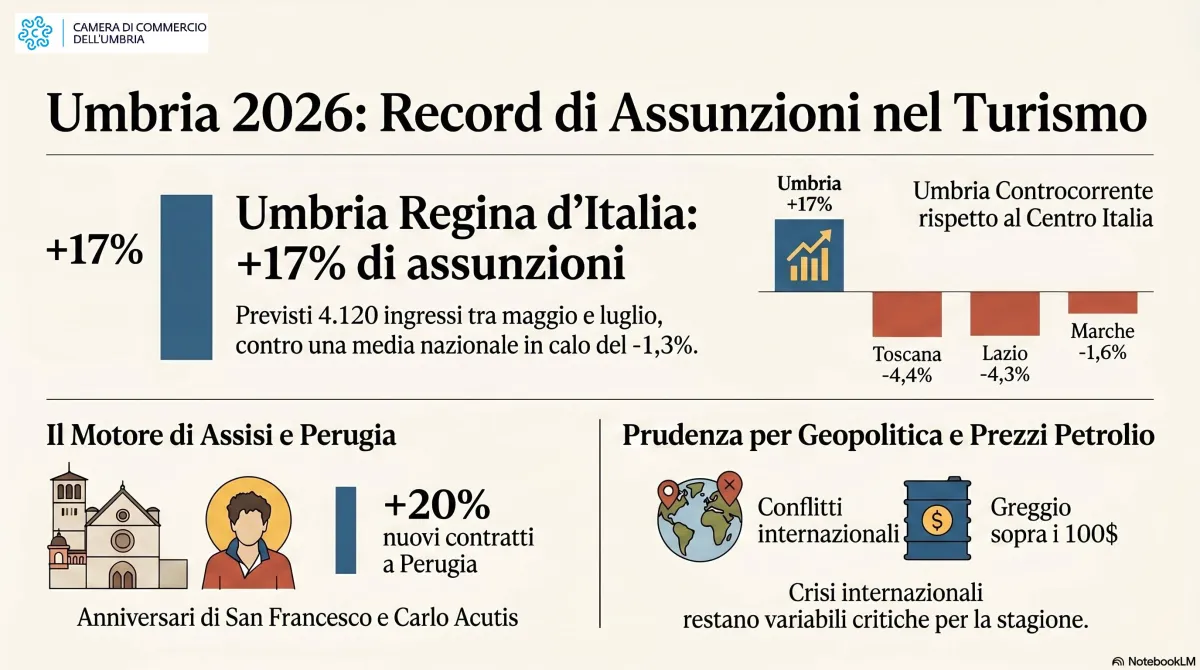 Turismo, l’Umbria programma 4.120 assunzioni: +17% mentre l’Italia arretra. Il petrolio frena le stime