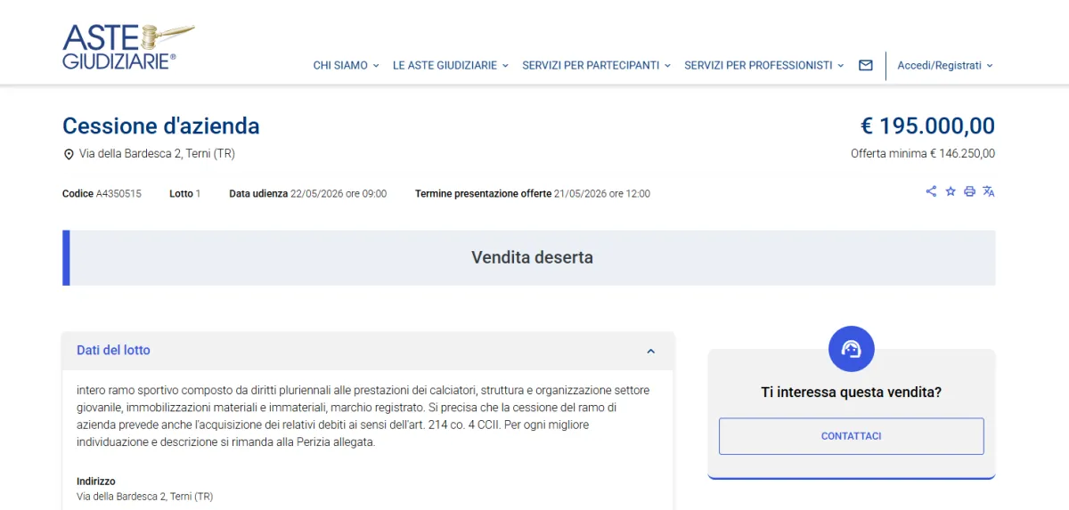 Fallimento Ternana, ultima chiamata: vendita deserta, resta in piedi solo la possibilità della trattativa diretta