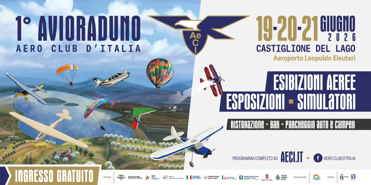 Castiglione del Lago, al via il primo Avioraduno nazionale dell’Aero Club d’Italia: spettacoli aerei, formazione e confronto sul futuro del volo sportivo