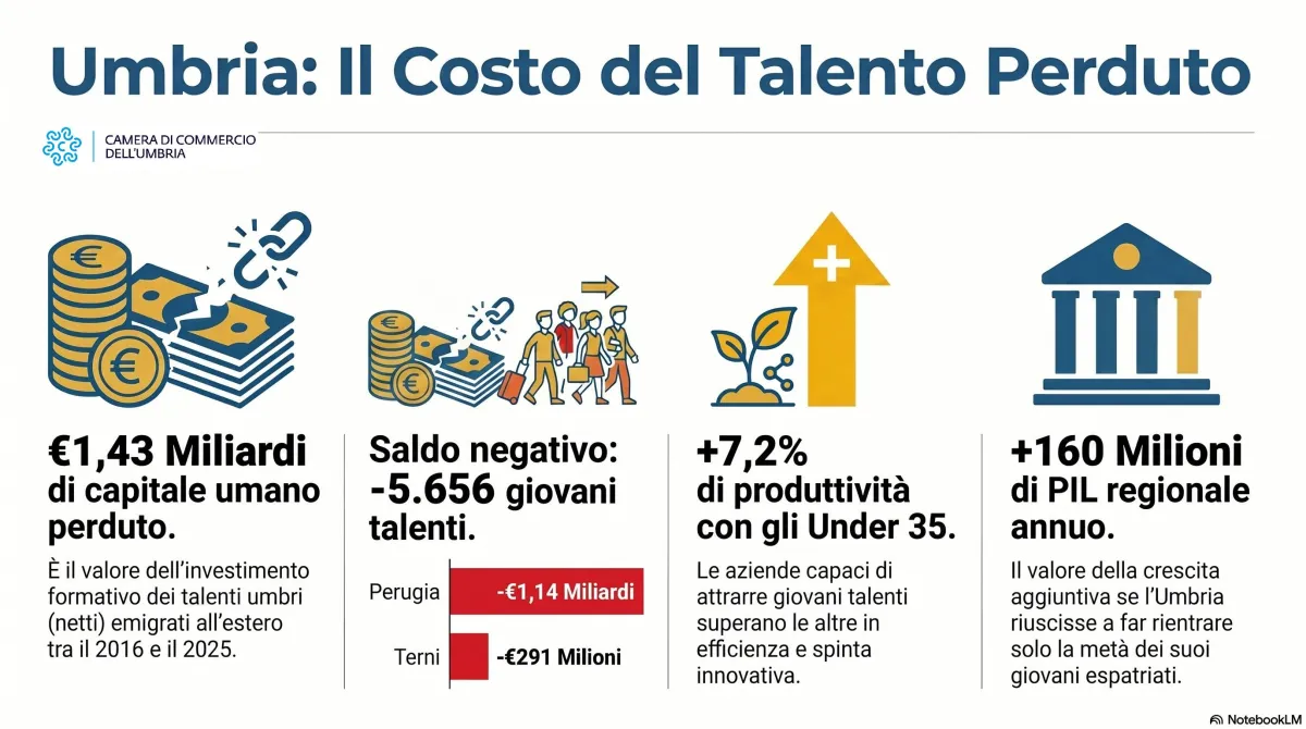 Fuga dei giovani dall'Umbria: l'esodo invisibile costa 1,4 miliardi di capitale umano
