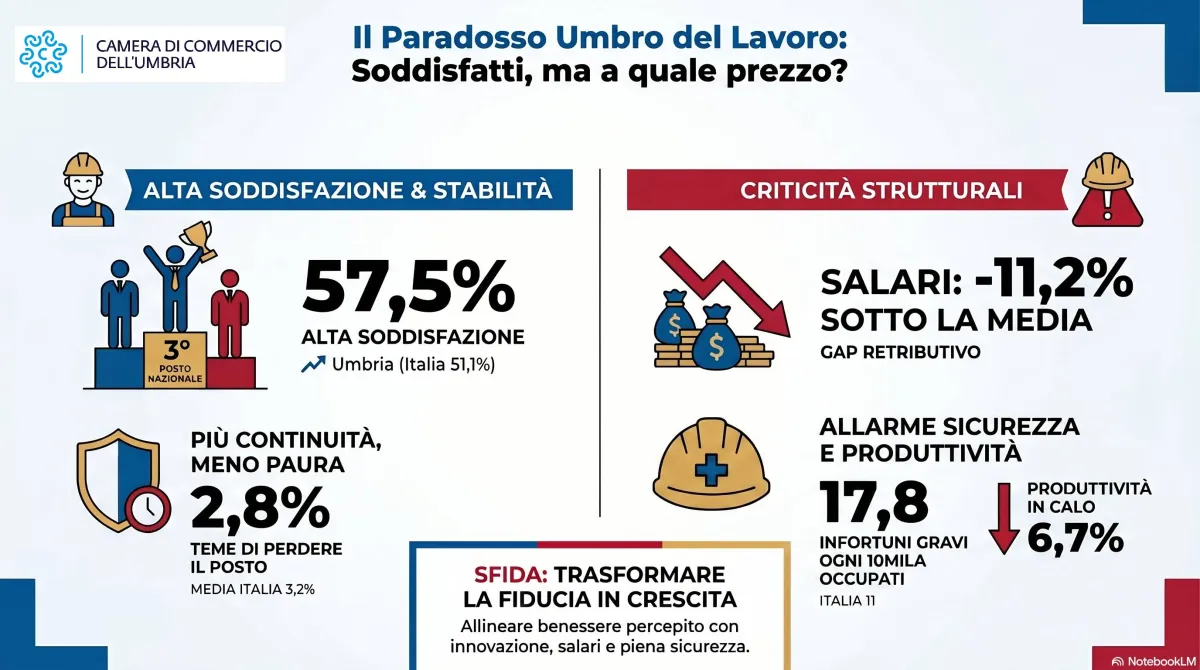 Il paradosso del lavoro in Umbria: terza in Italia per soddisfazione, ma pesano bassi salari e infortuni