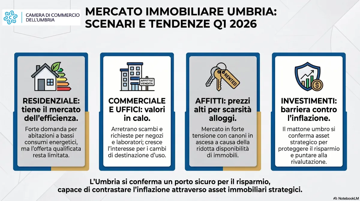 Mercato immobiliare Umbria 2026: tengono le case ma è boom affitti, crolla il commerciale
