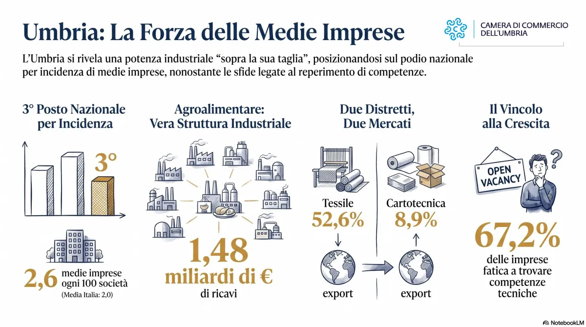 L'industria dell'Umbria oltre la sua taglia: terza in Italia per incidenza di medie imprese dietro Veneto e Lombardia